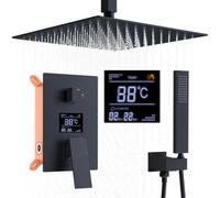 Delnet 2 Functions Digital Display Valve Shower System, 16inch Rainfall Shower Head & Handheld Shower, Matte Black