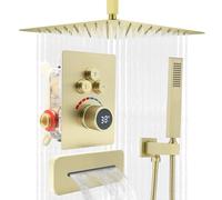Delnet 3 Way Outlets Digital Display Valve Shower Set,16 Inch Ceiling Mounted Concealed Rain Shower System, Can Use All Options at A Time, Brushed Gold