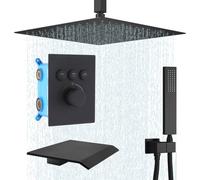 Delnet 3 Way Thermostatic Shower Mixer Set, Concealed Brass 16 Inch Ceiling Mounted Rain Shower System with Big Size Tub Spout, Can Use All Options at A Time, Black