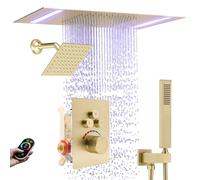 Delnet Brushed Gold Dual Shower System - 14"x20" Overhead LED Rainfall Shower + 6" 4-Hole Wall Head, Independent 3-Function Valve