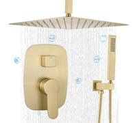 Delnet Concealed Shower Mixer Set Brass Brushed Gold 12 Inch Rain Shower System Kit with Handheld and Control Mixer Valve