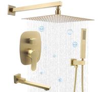 Delnet Concealed Shower Mixer Set Luxury Brushed Gold 12 Inch Wall Mounted Rain Shower System Complete Brass Shower Faucet Set