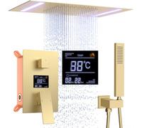 Delnet Digital Display Shower Mixer Set, 14x20inch(35.6x50.8 cm) Ceiling Shower Head-Rainfall Mode& Handheld Shower Head, Brushed Gold