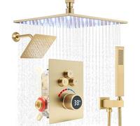 Delnet Dual Shower Heads Shower Mixer Set, with 12" Led Ceiling Mounted Rain Shower Head & 6" Wall Mounted Head, 3 Way Outlet Digital Display Shower Valve