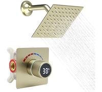 Delnet Shower Faucet Set, Bathroom Rainfall 6 Inch 4 Holes Shower Head, Single Way Digital Display Shower Trim Kit, Brushed Gold