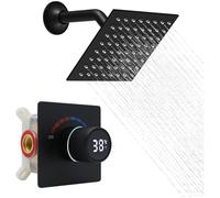 Delnet Shower Faucet Set, Bathroom Rainfall 6 Inch 4 Holes Shower Head, Single Way Digital Display Shower Trim Kit, Matte Black