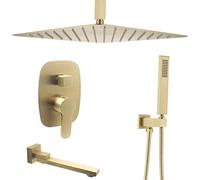 Delnet Shower System Concealed Brushed Gold 16 Inch Ceiling Mounted Rain Shower System Complete Brass Shower Mixer Set