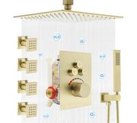 Delnet Shower System Set - 10 Inch 4 Holes Rain Head & Handheld with 3-Function Shower Valve, Can Use All Options at A Time, Brushed Gold