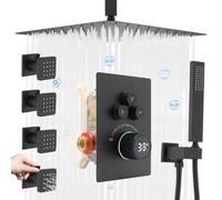 Delnet Shower System with Body Jets, 12 Inch Ceiling Mounted Rain Shower Set, Concealed 3 Way Outlet Digital Display Diverter Valve, Can Use All Options at A Time, Matte Black