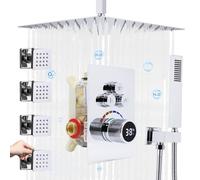Delnet Shower System with Body Jets, 12 Inch Ceiling Mounted Rain Shower Set, Concealed 3 Way Outlet Digital Display Diverter Valve, Can Use All Options at A Time,Chrome