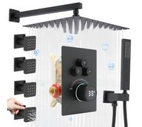 Delnet Shower System with Body Jets, 12 Inch Wall Mounted Rain Shower Set, Concealed 3 Way Outlet Digital Display Diverter Valve, Can Use All Options at A Time, Matte Black