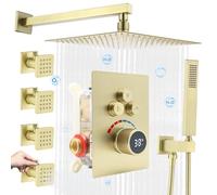 Delnet Shower System with Body Jets, 12 Inch Wall Mounted Rain Shower Set, Concealed 3 Way Outlet Digital Display Diverter Valve, Can Use All Options at A Time, Brushed Gold