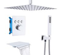Delnet Thermostatic Shower Mixer Set, 16 Inch Ceiling Mounted Rainfall Shower Set, Concealed Rain Shower System, Can Use All Options at A Time, Chrome