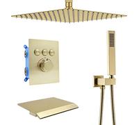 Delnet Thermostatic Shower Mixer Set Concealed Brass 16 Inch Ceiling Mounted Rain Shower Head System Combo Brushed Gold, Can Use All Options at A Time