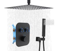 Delnet Upgraded Adjustable Flow Thermostatic Shower System, 16 Inch Ceiling Mounted Rain Shower Mixer Set, Can Use 2 Functions at A Time, Matte Black