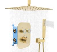 Delnet Upgraded Thermostatic Shower Mixer Set, 16 Inch Ceiling Mounted Rain Shower System Combo, Can Use 2 Functions at A Time, Brushed Gold