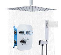 Delnet Upgraded Thermostatic Shower Mixer Set, 16 Inch Ceiling Mounted Rain Shower System Combo, Can Use 2 Functions at A Time, Chrome
