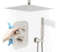 Delnet Upgraded Thermostatic Shower Mixer Set, 16 Inch Ceiling Mounted Rain Shower System Combo, Can Use 2 Functions at A Time, Brushed Nickel