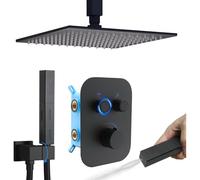 Delnet Upgraded Thermostatic Shower Mixer Set with 10" Ceiling Mounted Rain Shower Head, Can Use 2 Functions at A Time, Matte Black
