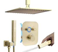 Delnet Upgraded Thermostatic Shower Mixer Set with 10" Ceiling Mounted Rain Shower Head, Can Use 2 Functions at A Time, Brushed Gold