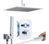 Delnet Upgraded Thermostatic Shower Mixer Set with 10" Ceiling Mounted Rain Shower Head, Can Use 2 Functions at A Time, Chrome