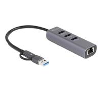 DeLOCK 3 Port USB 5 Gbps Hub + Gigabit LAN with USB Type-C or USB Type-A connector in metal case