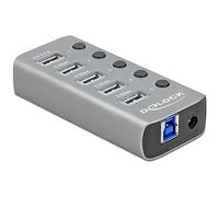 Delock USB 3.0 Hub 4 Port + 1 Fast Charging Port Active with Power Supply, LED Lighting & Single Switch On/Off, 80 cm Cable Length, Grey, 63262