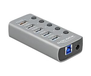 Delock USB 3.0 Hub 4 Port + 1 Fast Charging Port Active with Power Supply, LED Lighting & Single Switch On/Off, 80 cm Cable Length, Grey, 63262