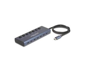 Delock USB 5 Gbps Hub with 7 USB Type-C™ Ports, Midnight Blue, with Switch, 6 Data Ports + 1 Data/PD 20 W Port, Metal, 13.9 x 5 x 1.7 cm