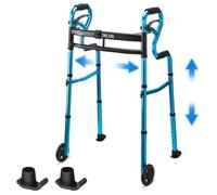 Delog Narrow Folding Walker for Seniors, 3 in 1 Folding Walker with 5” Front Wheels Width Adjustable Compact Standard Walker Support Up to 350lbs, Blue
