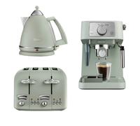 Delonghi Argento 1.7L Kettle, 4 Slice Toaster & Stilosa Coffee Machine Green