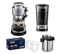Delonghi Dedica Maestro Plus Coffee Machine, Knock Box, Grinder & Latte Glasses