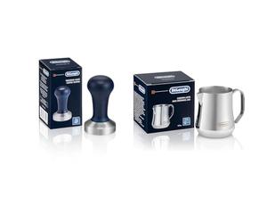 De'Longhi DLSC058 Coffee Tamper, Stainless Steel & DLSC060 ECO 311.W/BK/R/B Milk jug, 18/8 Stainless Steel, 350 ml