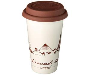 De'Longhi Hot Coffee Travel Mug Ceramic Thermal Double Wall + Silicone Lid, 10 oz, Globetrotter Theme