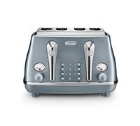 De'Longhi Icona Metallics Toaster CTOT4003. AZ, 4 Slot Toaster with Reheat and Defrost Functions, Separated Control Panels, 6 Browning Levels, 1800 W, Pull Crumbs Trays, Stainless Steel, Azure