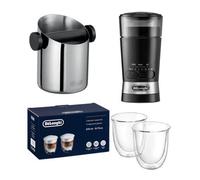 Delonghi Knock Box, Grinder & Cappuccino Glasses