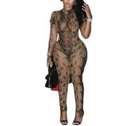 Deloreva Women Sexy Bodycon Jumpsuit - See Through Mesh One Piece Party Club Outfit Summer Print Body Suit Backless Pantsuit, Snakeskin, L