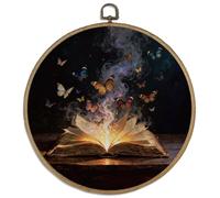 DELORIGIN 10" Retro Butterfly Book Vintage Wall Art Decor Round Wood Framed Canvas Wall Art Prints with Metal Hooks Home Artwork Hanging Picture for Bedroom Living Room Hallway Stairs Decor