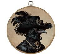 DELORIGIN 10" Retro Crow Vintage Wall Art Decor Gothic Round Wood Framed Canvas Wall Art Prints with Metal Hooks Home Artwork Hanging Picture for Bedroom Living Room Hallway Stairs Decor