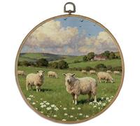 DELORIGIN 10" Retro Pastoral Sheep Vintage Wall Art Decor Rustic Round Wood Framed Canvas Wall Art Prints with Metal Hooks Home Artwork Hanging Picture for Home Farmhouse Room Hallway Stairs Decor