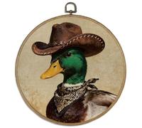 DELORIGIN 10" Retro Western Duck Vintage Wall Art Decor Rustic Round Wood Framed Canvas Wall Art Prints with Metal Hooks Country Artwork Hanging Picture for Home Farmhouse Room Hallway Stairs Decor