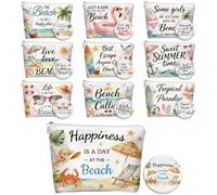 DELORIGIN 10PCS Beach Theme Canvas Makeup Bags with Compact Mirrors Inspirational Summer Coastal Cosmetic Pouches Travel Toiletry Organizer Bulk Vacation Party Favors Gift for Women Bachelorette