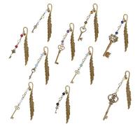 DELORIGIN 10pcs Feather Bookmarks, Metal Crystal Bookmarks Vintage Gemstone Beading Bookmarks Antique Bronze Key Book Markers for Reading Book Lovers Teacher's Day Delicate Gifts