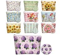 DELORIGIN 10PCS Floral Canvas Makeup Bags with Compact Mirrors Tulip Sunflower Daisy Hydrangeas Cosmetic Pouches Toiletry Bag Bulk Gift for Women Birthday Wedding Party Favors Teacher Appreciation
