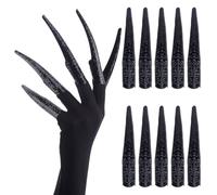 DELORIGIN 10pcs Iron Halloween Finger Protectors with 1 Pair Long Full Finger Glove, Long Finger Claw Gloves Black paw gloves Scary Womens Halloween Costumes Claw Nails For Women Cosplay Party