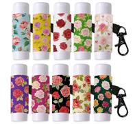 DELORIGIN 10Pcs Roses Flowers Lip Balm Holder Keychain Vintage Pattern Lipstick Holders Pouch with Metel Clasp Portable Clip on Lip Gloss Keychain Sleeve for Chapstick Lipbalm Storage Purse Bag