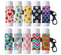 DELORIGIN 10Pcs Tie-dye Patterns Lip Balm Holder Keychain Plants Art Patterns Lipstick Holders Pouch with Metel Clasp Portable Clip on Lip Gloss Keychain Sleeve for Chapstick Lipbalm Storage