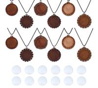 DELORIGIN 12 Sets Wooden Embroidery Necklace Kit Pendant Trays Base Blanks with Cabochons and Ropes 6 Styles 24mm DIY Embroidery Cabochon Wood Bezel Blanks for Jewelry Making Crafts Projects
