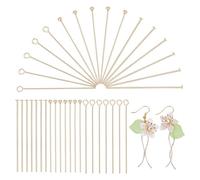 DELORIGIN 120pcs 14K Gold Plated Open Eye Pins 3 Styles Brass Head Pins 50mm Straight Flat Head Pins Gold Jewelry Making Pin Metal End Headpins for Craft Earring Bracelet Necklace Pendant Supplies