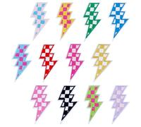 DELORIGIN 12Pcs Checkered Lightning Bolt Iron On Patches 12 Colors Racing Car Embroidery Checkered Lightning Bolt Patches Sew on Patch for Hats Clothes Trucker Jacket Denim Jeans Shirt Decoration